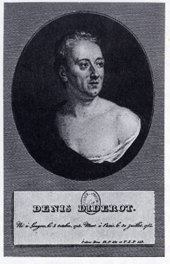 Ritratto di Denis Diderot Denis Diderot (1713–1784) tratto da un dipinto di Anna Dorothea Therbusch, XIX secolo, ispirato a un dipinto del XVIII secolo, 24 x 15 cm, Frontespizio dell’edizione Brière delle opere di Denis Diderot.