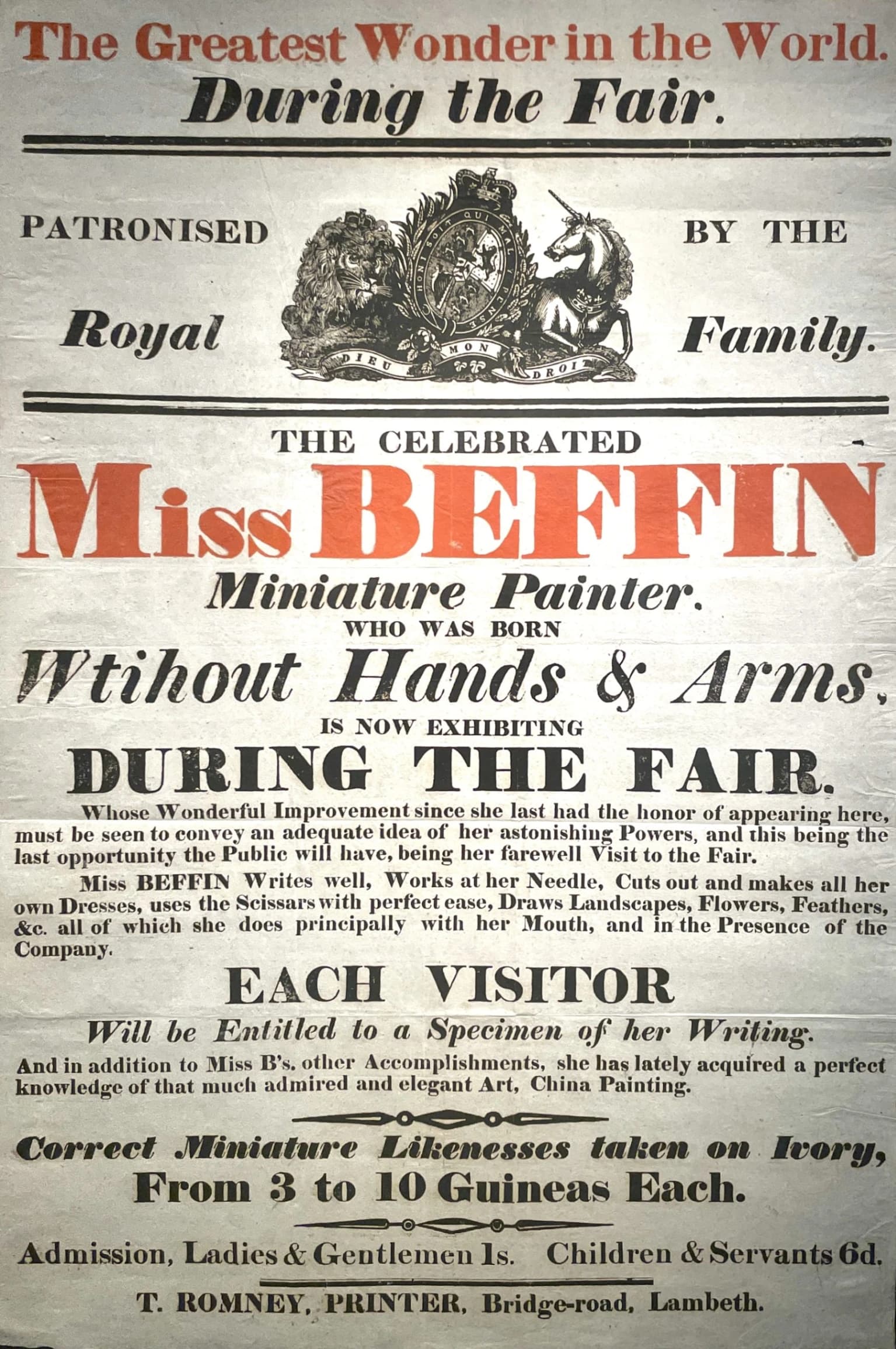 Poster pubblicitario “The Celebrated Miss Beffin”, 1812 circa © Philip Mould & Company