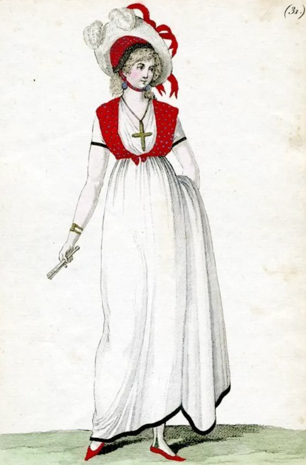 L'incisione raffigura una tavola di moda parigina della fine del Settecento, pubblicata all'interno della rivista "Journal des Modes et des Dames" durante l'epoca del Direttorio francese. L'intestazione in alto recita An 6. Costume Parisien. (31.), indicando l'anno sesto del calendario rivoluzionario francese (tra il 1797 e il 1798) e il numero della tavola. Il pendente a forma di croce è sostenuto da un nastro di velluto aderente al collo.