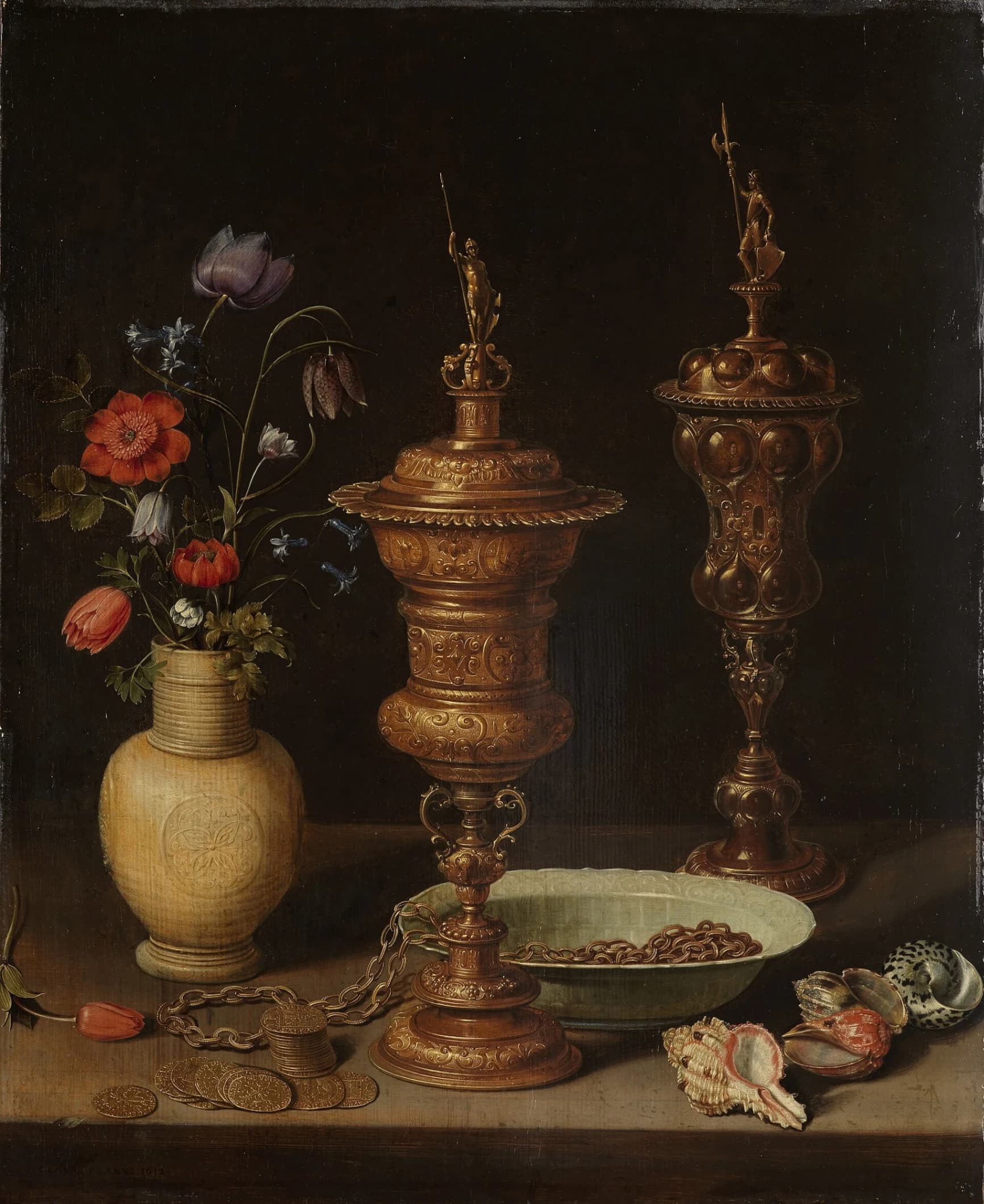 Clara Peeters, Natura morta con fiori e coppe d'oro, 1612, olio su tavola di quercia, 59,5 x 49 cm, Staatliche Kunsthalle, Karlsruhe.