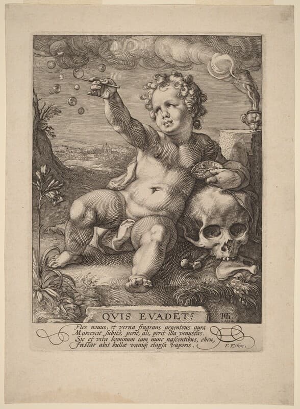 Hendrik Goltzius, Allegoria della fugacità (“Homo Bulla”), incisione su carta vergata, 1594, 26,5 x 19,4 cm, National Gallery, Washington.