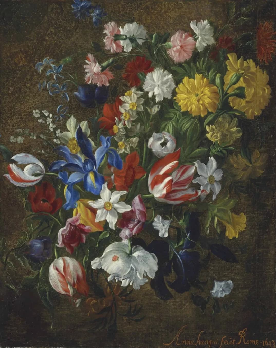 Anna Stanchi, Tulipani, iris, narcisi, garofani, giacinti e altri fiori, 1643, olio su tela, 57,3 × 46,3 cm, collezione privata.