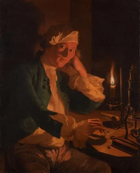 Anna Dorothea Therbusch, Uno scienziato seduto a una scrivania a lume di candela, 1755, olio su tela, 100 x 81 cm, The Cleveland Museum of Art.